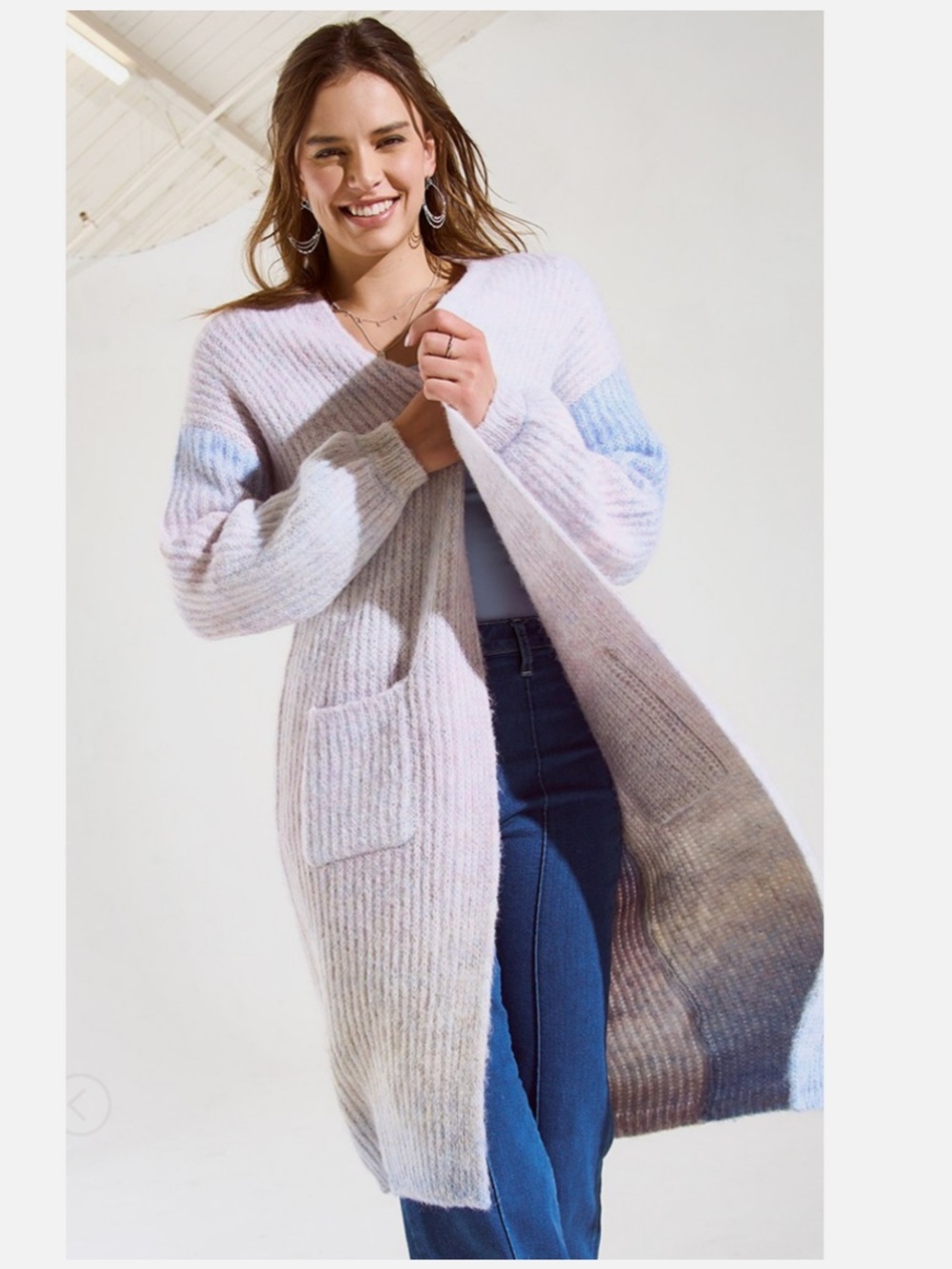 Pastel Gradient Open-Front Long Cardigan - Women Medium